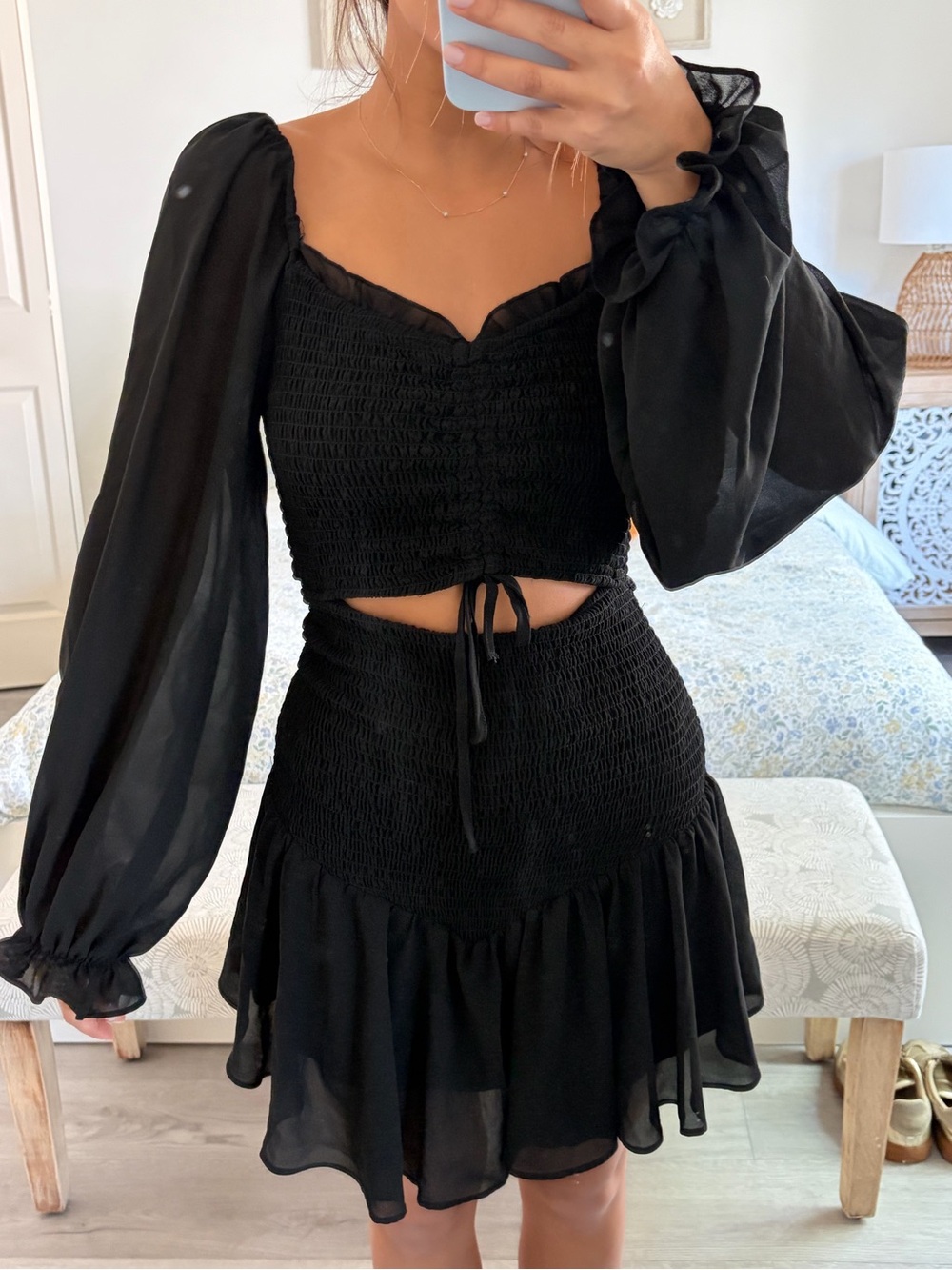 Black Smocked Ruffle Mini dress